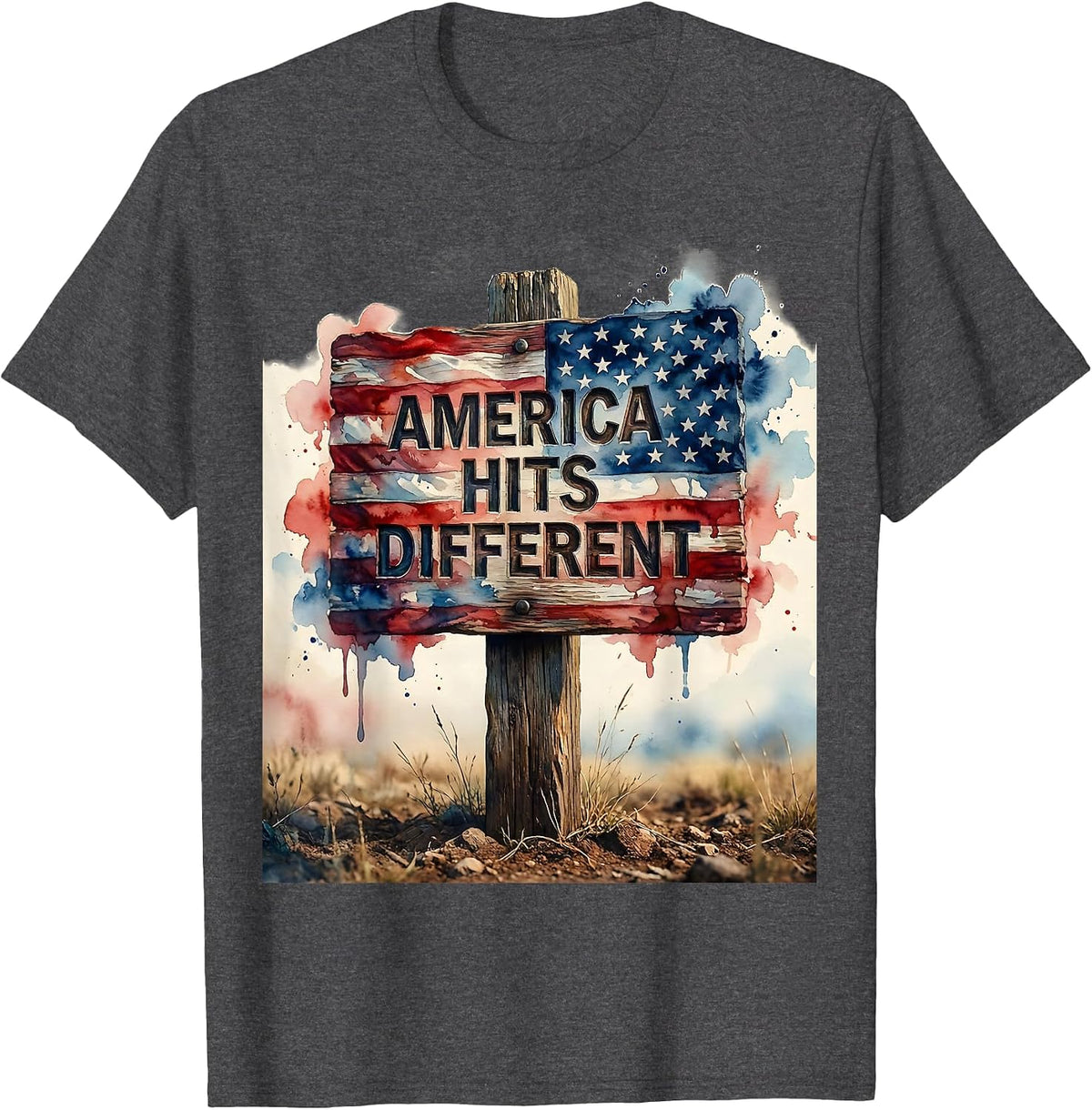 America Hits Different Patriotic USA Design T-Shirt - Dark Heather Grey
