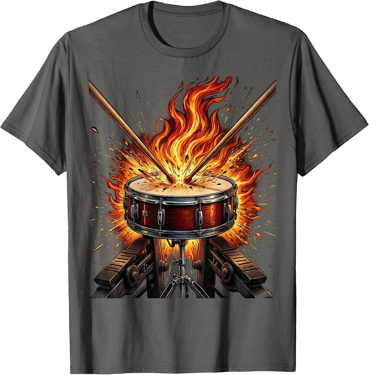 Men's Double Bass Drum Pedal Fire Splash Drummer Art T-Shirt - Asphalt Grey
