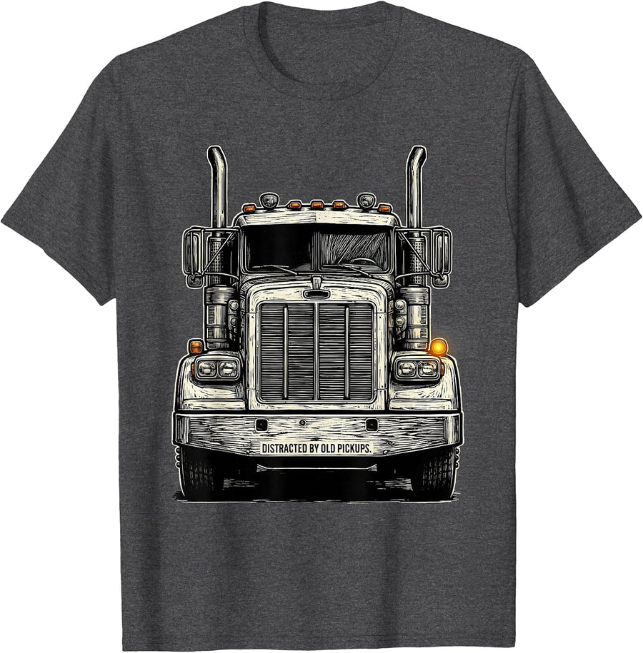 Men's Distracted By Old Pickups Funny Trucker Retro Semi Truck T-Shirt - Dark Heather Grey