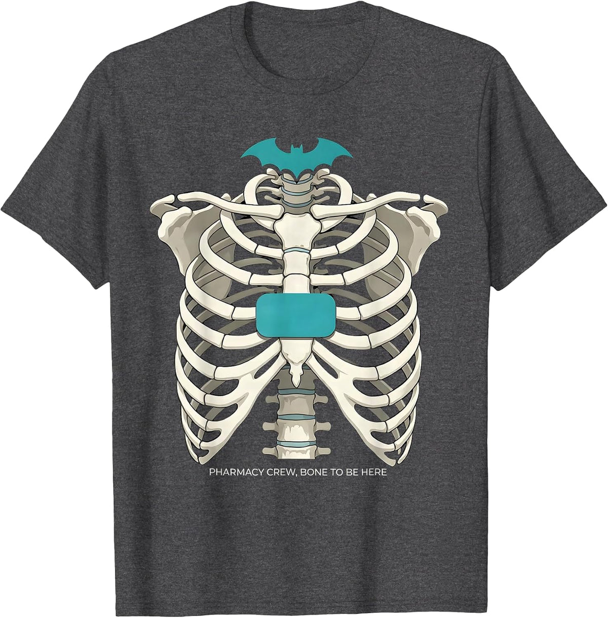 Pharmacy Crew, Bone To Be Here Funny Skeleton Halloween T-Shirt - Dark Heather Grey