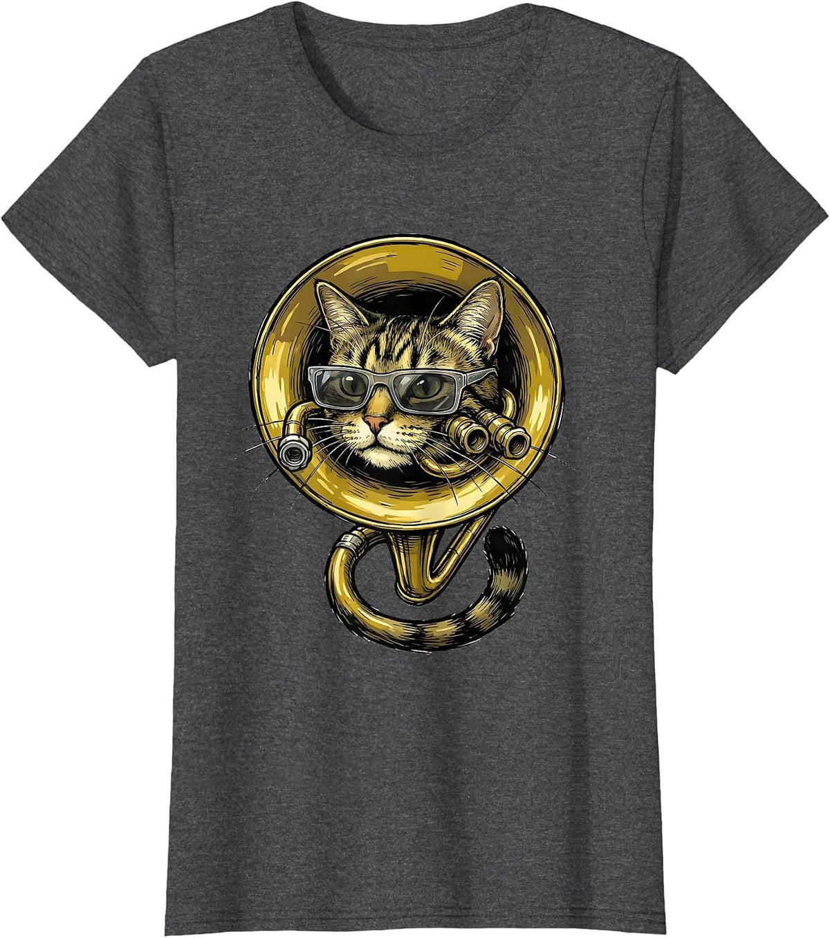 Women's Trumpet Cat With Sunglasses Funny Musician Humor T-Shirt - Dark Heather Grey
