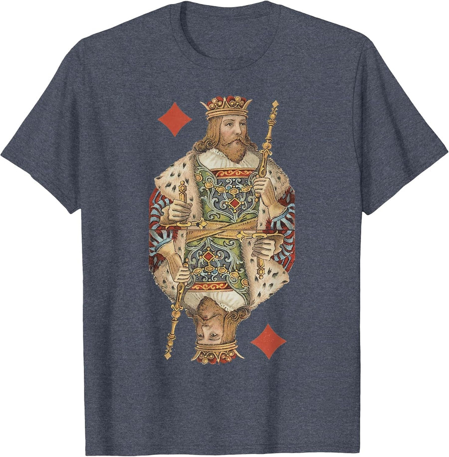 King of Diamonds Antique Art Nouveau Playing Card Art T-Shirt, Men, Heather Blue, Large - As Pictured