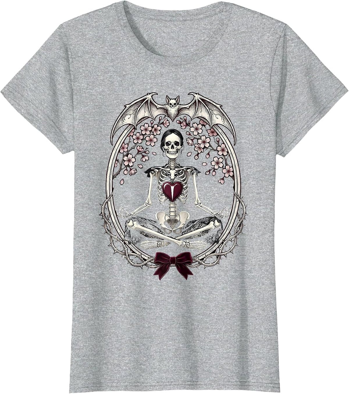Skeleton Meditating Under Cherry Blossom Tree T-Shirt - Heather Grey