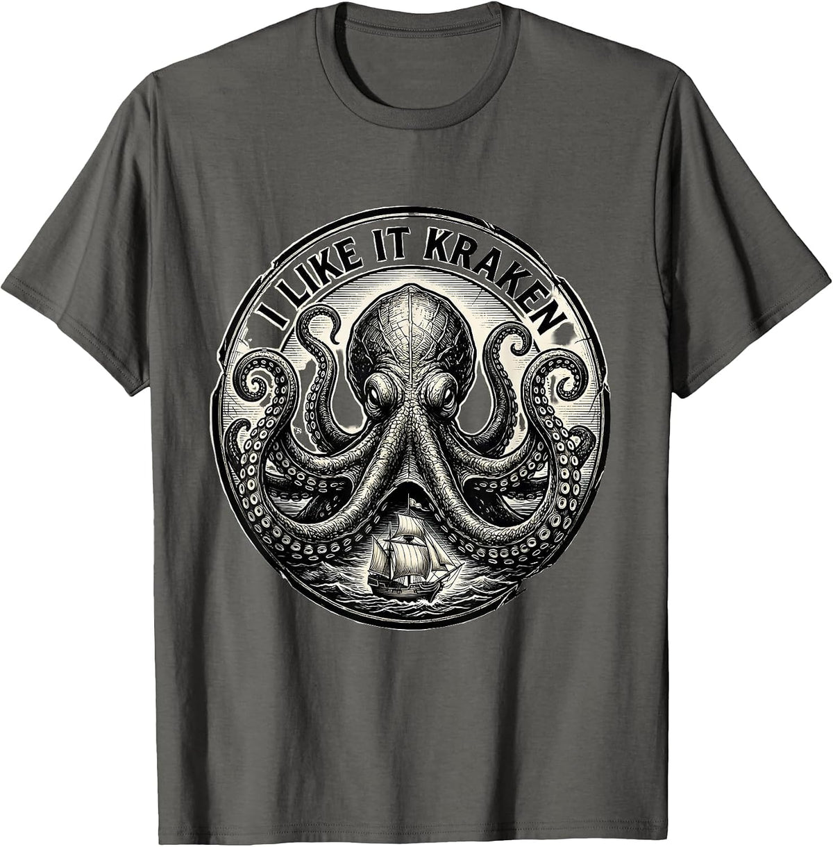 I Like It Kraken Monochromatic Vintage Octopus Kraken T-Shirt - Asphalt Grey