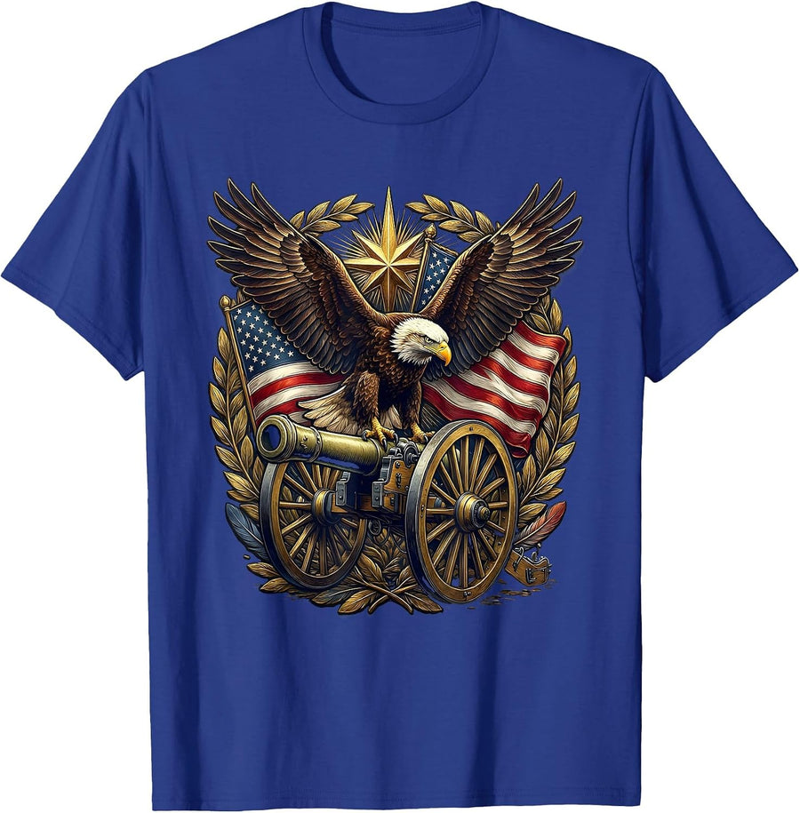 Bald Eagle on Cannon US Army Patriotic Graphic T-Shirt - Royal Blue