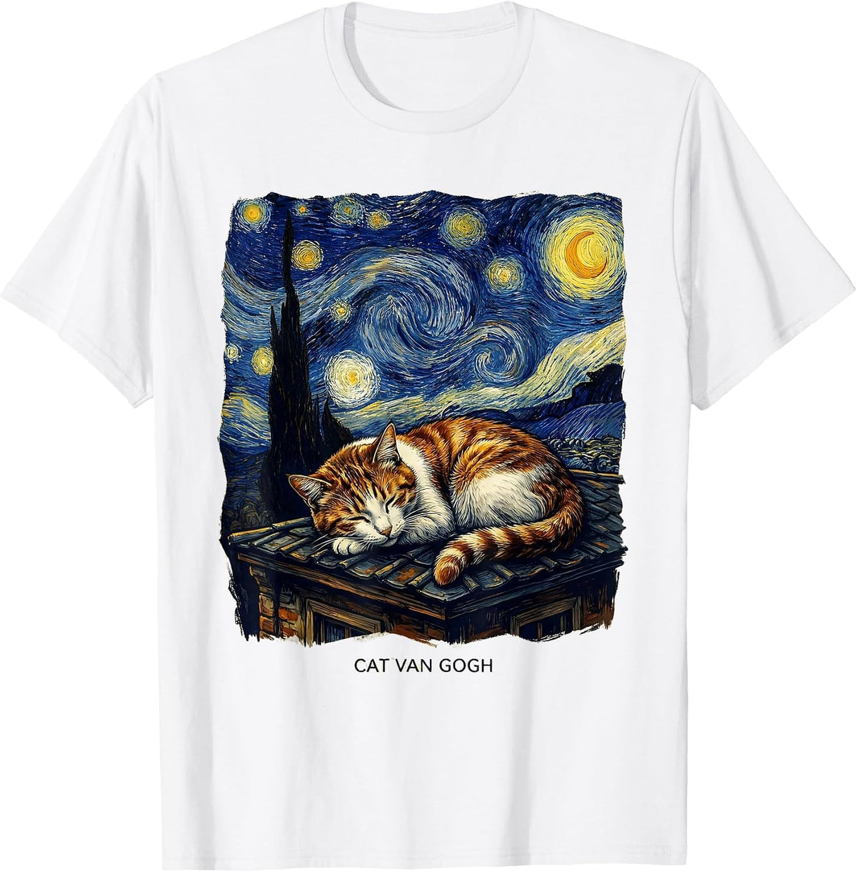 Men's Cat Van Gogh Whimsical Art Parody Cat Lover Gift T-Shirt - White