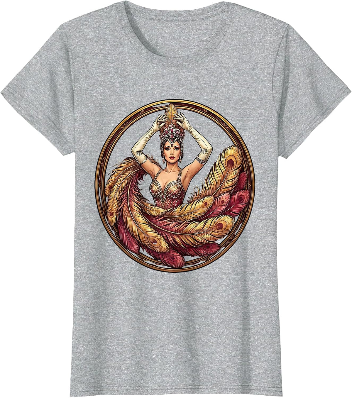 Women's Showgirl Feathered Fan Raised Hands Illustration T-Shirt - Heather Grey