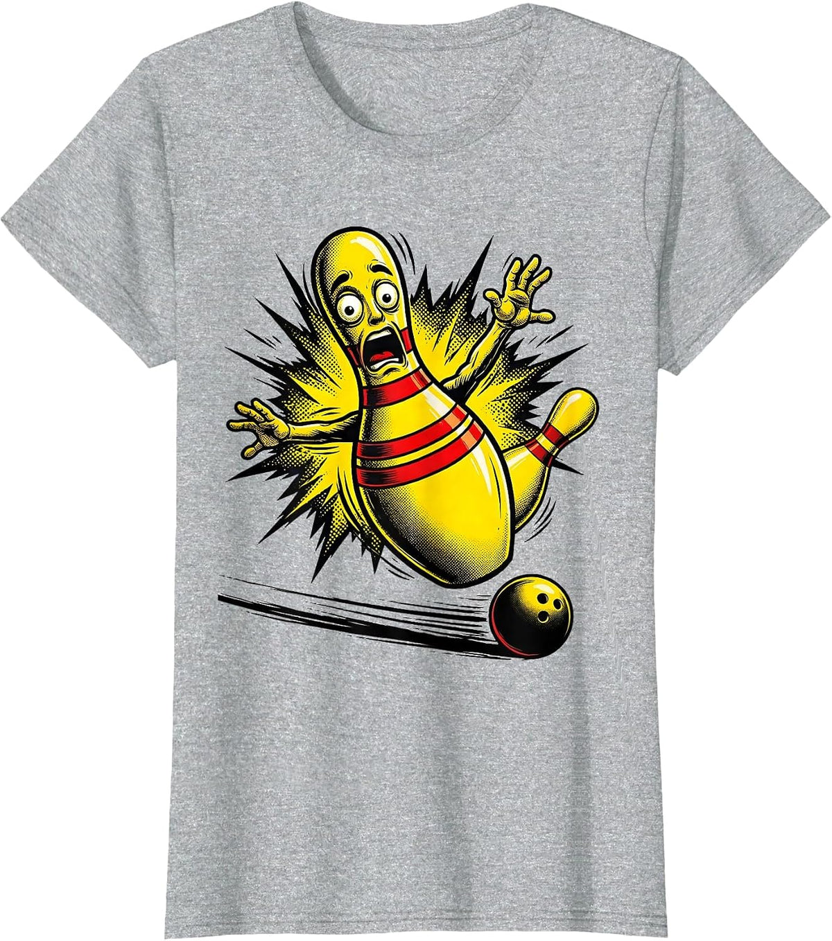 Women's Bowling Pin Shock Comic Book Bowler Humor T-Shirt - Heather Grey