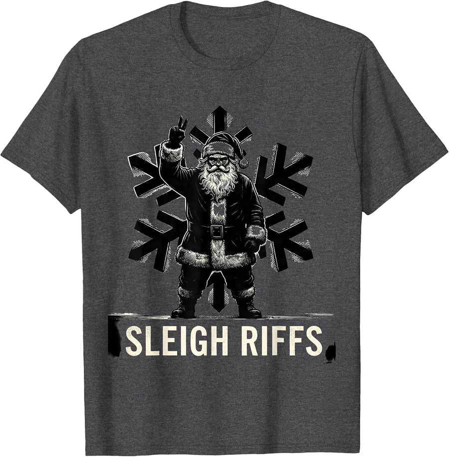 Men's Sleigh Riffs Heavy Metal Santa Claus Rock On Goth Christmas T-Shirt - Dark Heather Grey