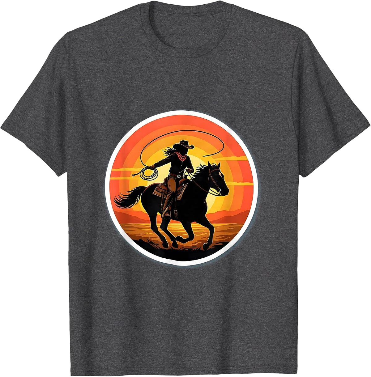 Cowgirl Riding Horse Sunset Silhouette T-Shirt - Dark Heather Grey