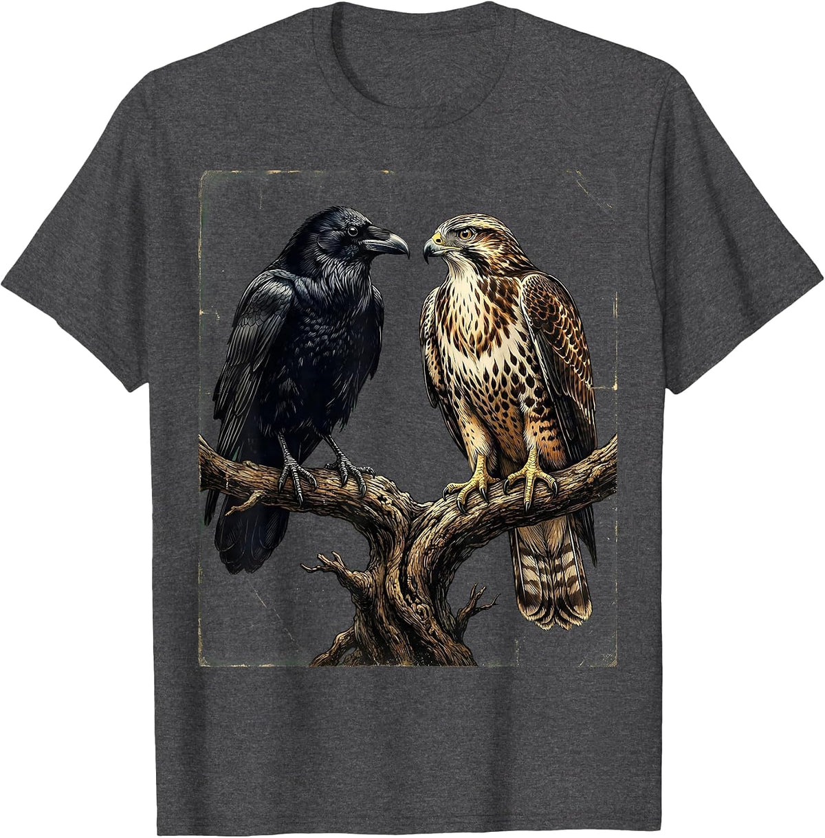Hawk and Crow Face-to-Face on Branch Art T-Shirt - Dark Heather Grey
