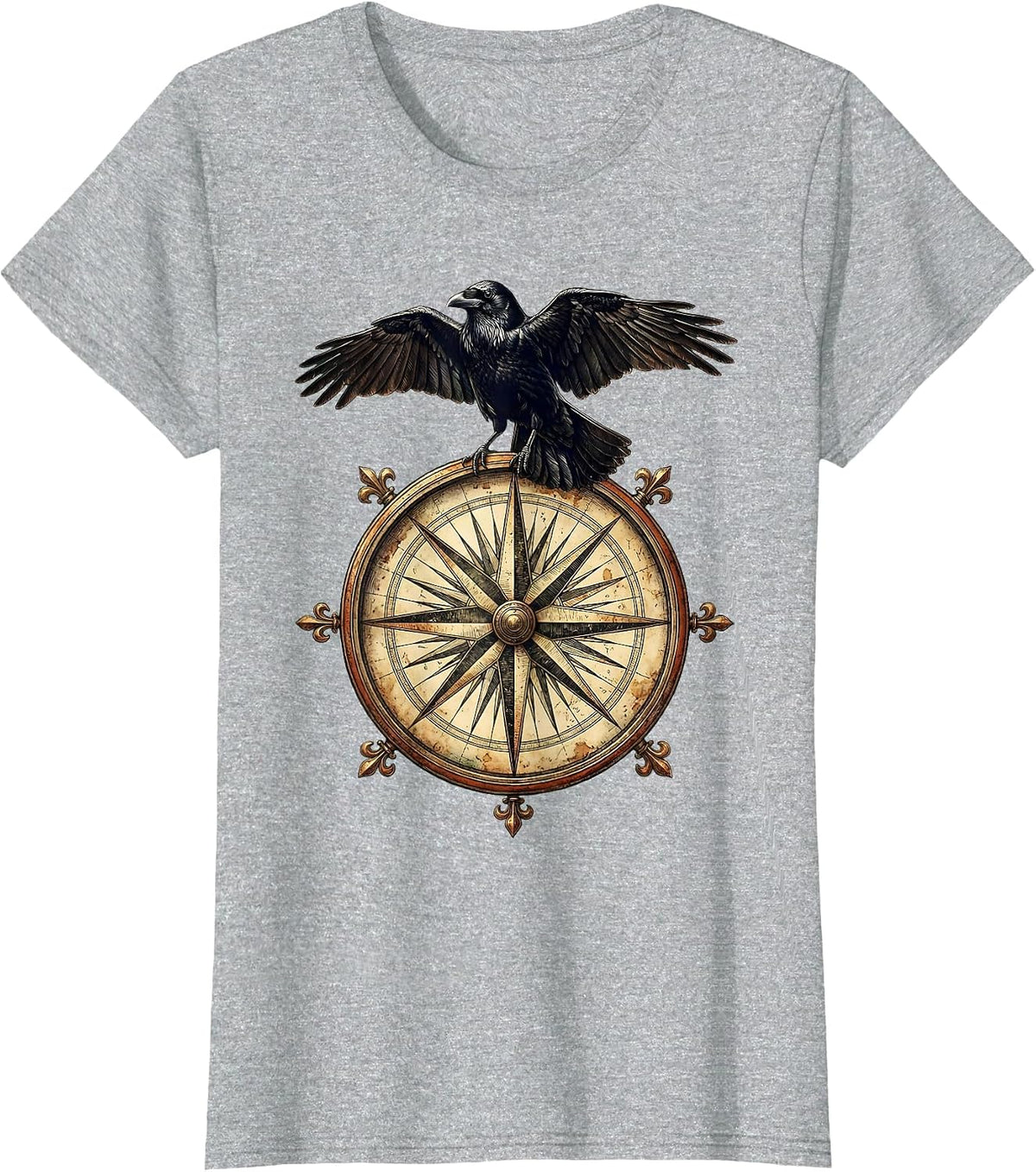Crow Perched on Vintage Compass Rose T-Shirt - Heather Grey