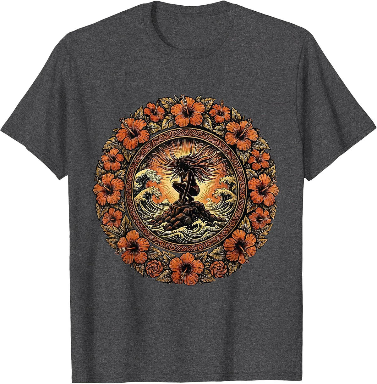 Hawaiian Girl Climbing Lava Rock Ocean Waves T-Shirt - Dark Heather Grey