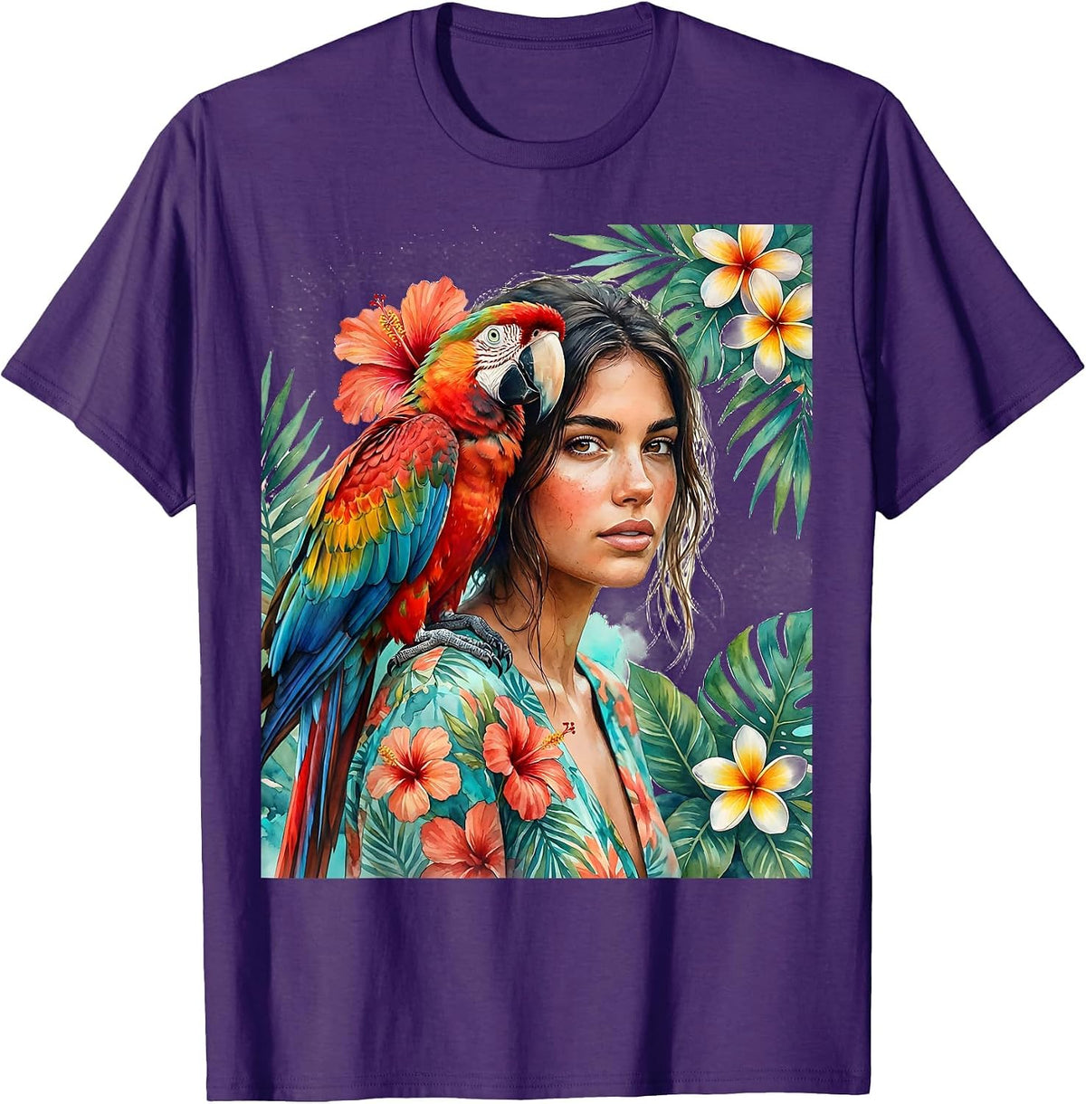 Men's Girl With Parrot Hawaiian Tropical Illustration T-Shirt - Purple