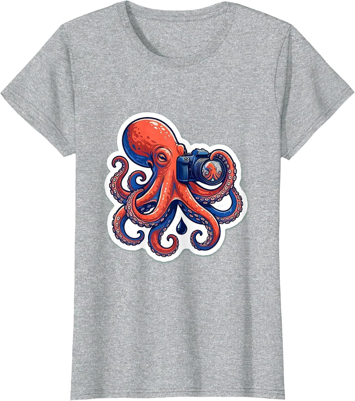 Women's Octopus Photographer Sticker Style Marine Biology Humor T-Shirt - Heather Grey