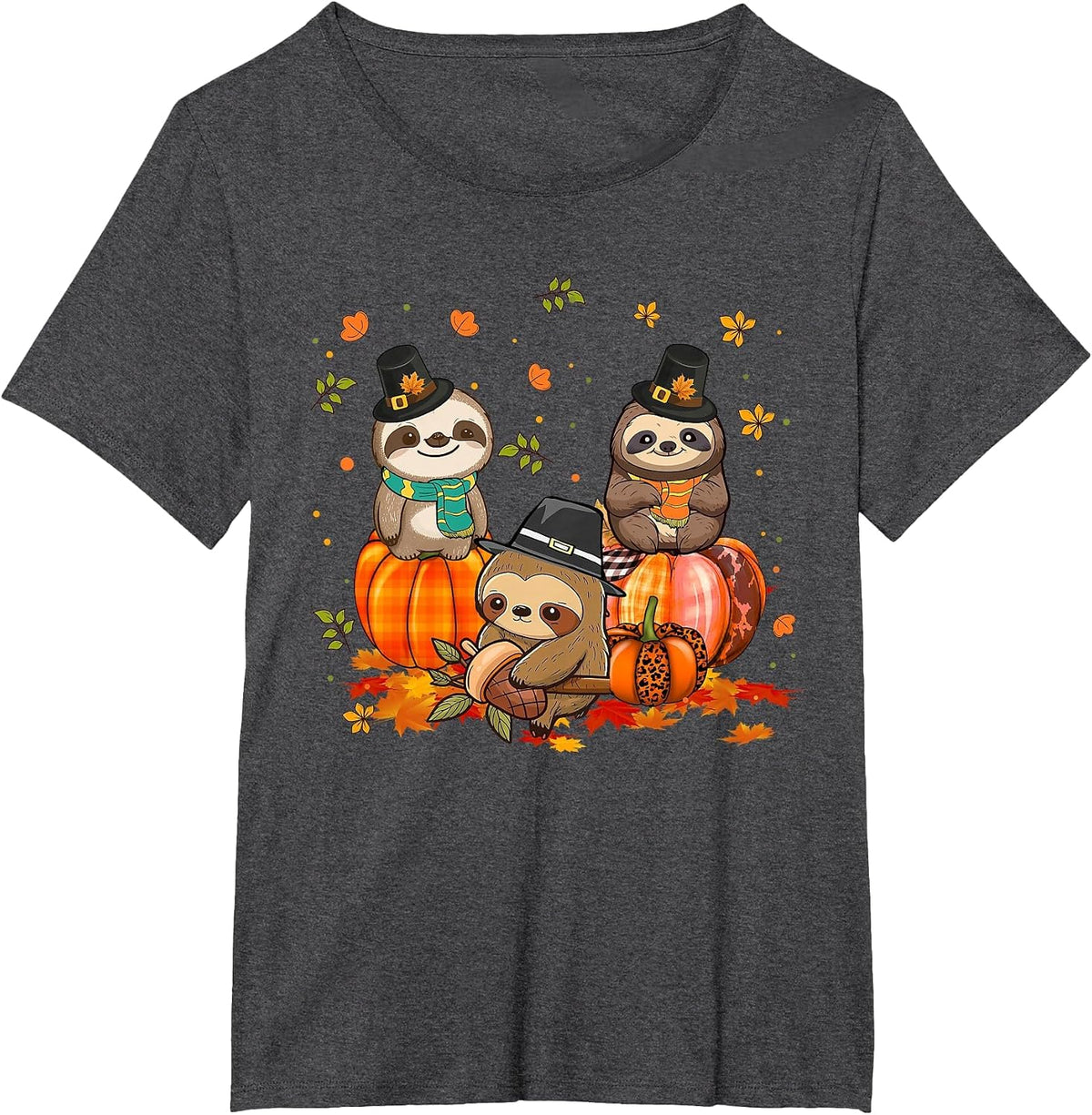 Sloth Pumpkin Leopard Buffalo Plaid Fall Thanksgiving T-Shirt - Dark Heather Grey