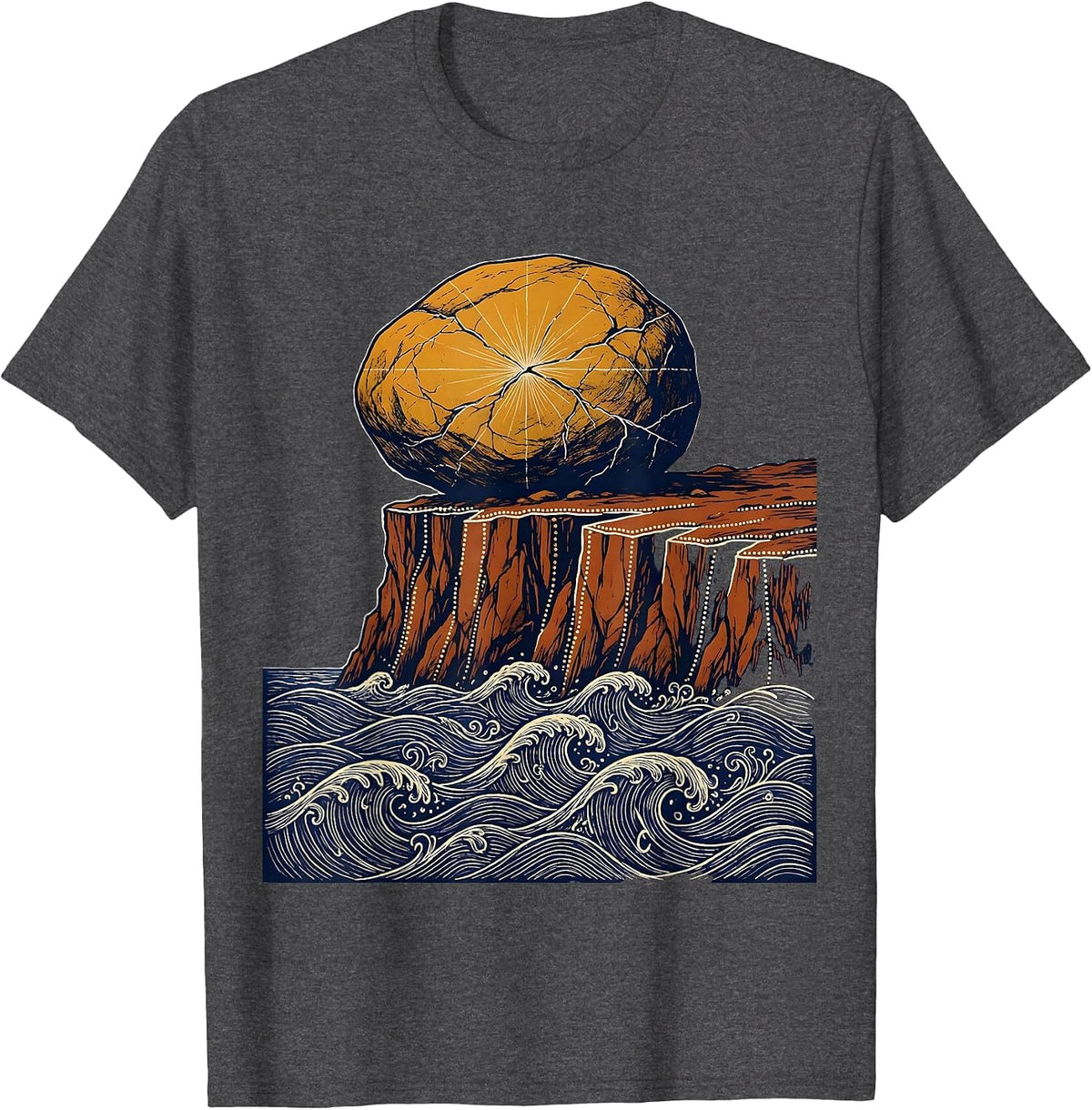 Men's Boulder on Cliff Edge Over Crashing Sea T-Shirt - Dark Heather Grey