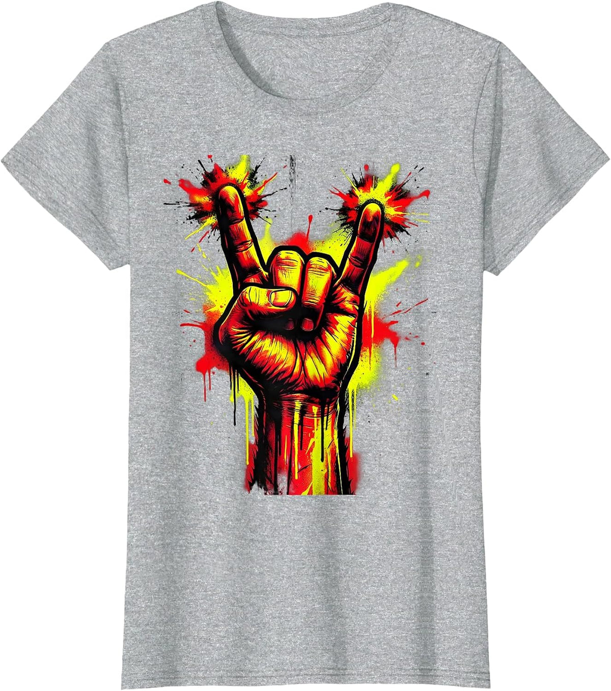 Rock On Devil Horns Hand Gesture Graphic T-Shirt - Heather Grey