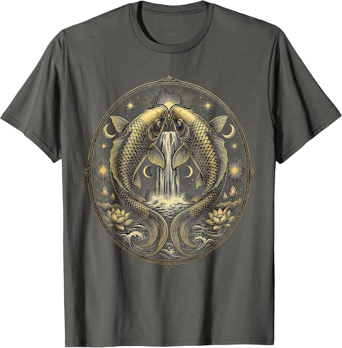 Men's Koi Fish Leaping Over Waterfall Japanese Art T-Shirt - Asphalt Grey