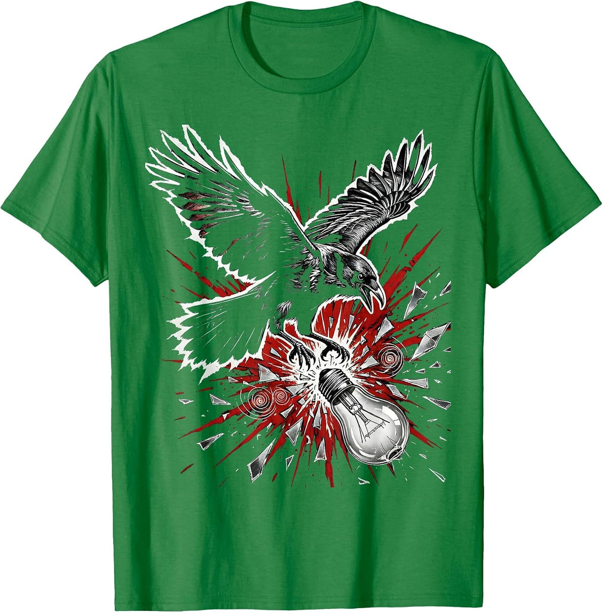 Men's Grunge Crow Smashed Light Bulb Dark Art Design T-Shirt - Kelly Green