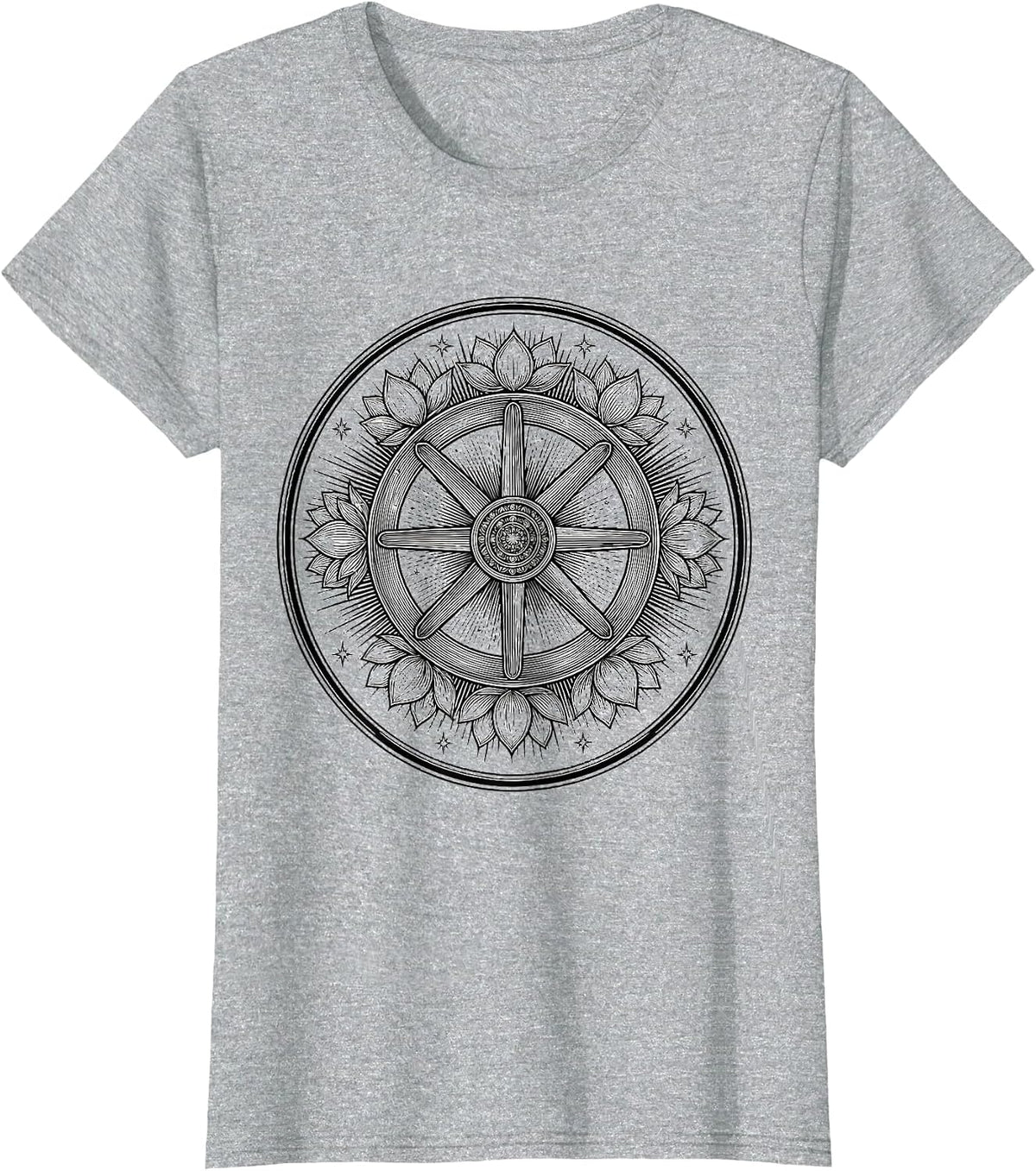 Karma Wheel Celestial Rays Spiritual Design T-Shirt - Heather Grey