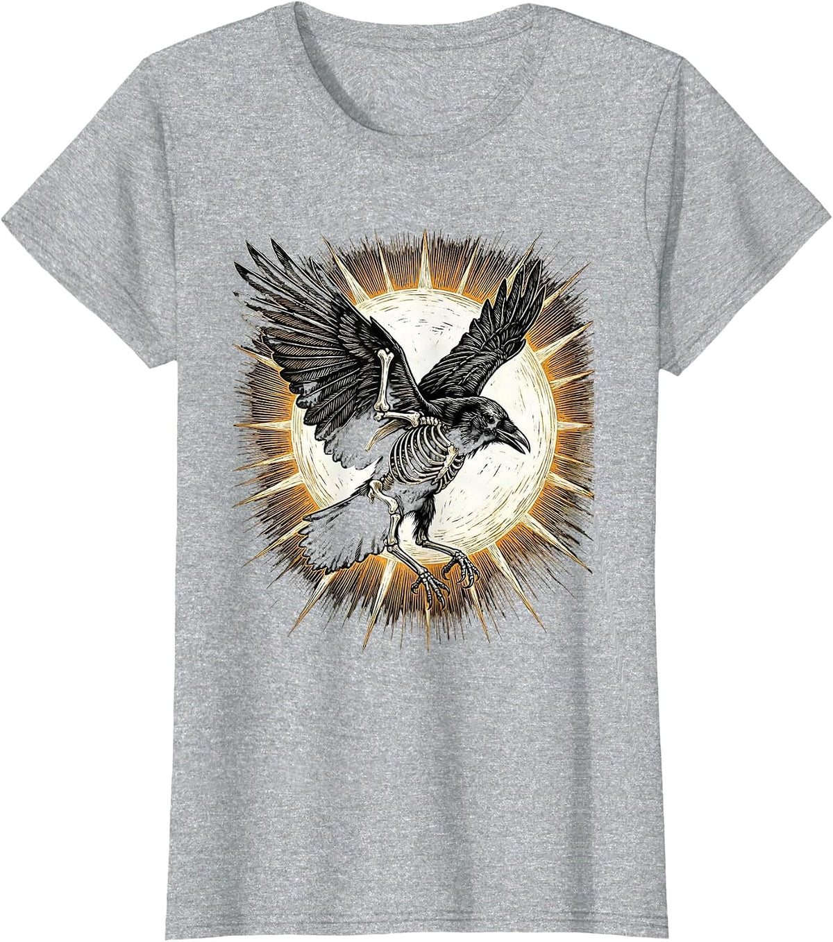 Crow Skeleton In Flight Against the Sun T-Shirt - Heather Grey