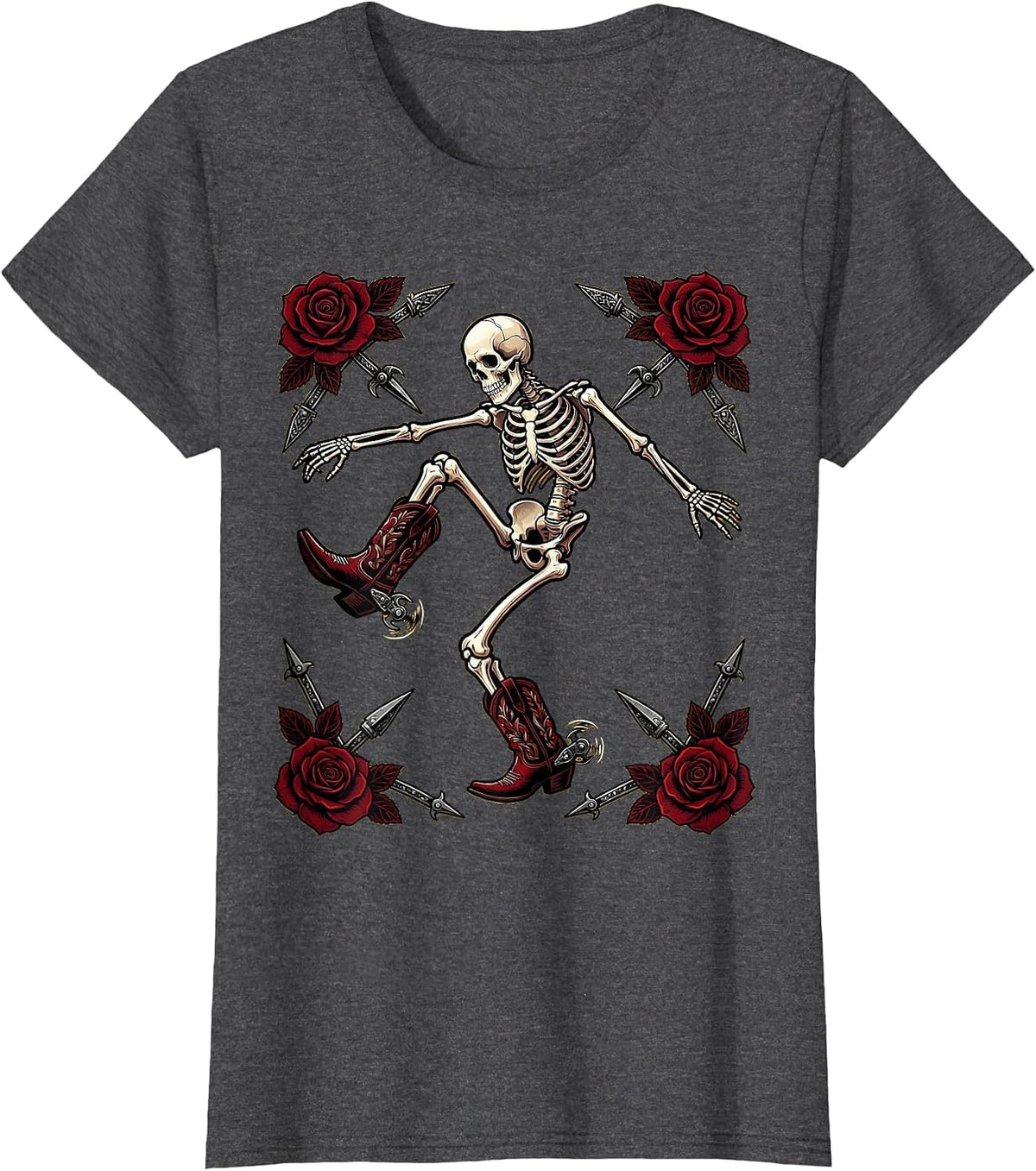 Women's Cowboy Boot Line Dancing Skeleton Graphic T-Shirt - Dark Heather Grey