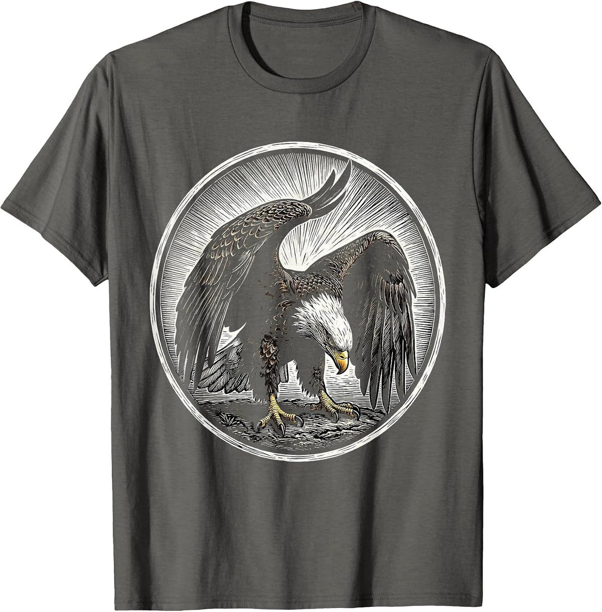 Men's Bald Eagle Woodcut Engraving Eagle Lover Nature Faith T-Shirt - Asphalt Grey