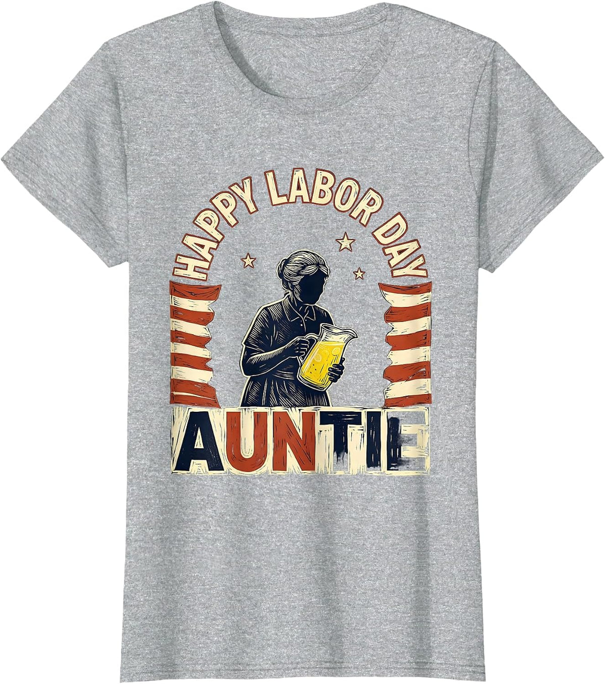 Happy Labor Day, Auntie Linocut Patriotic Labor Day T-Shirt - Heather Grey