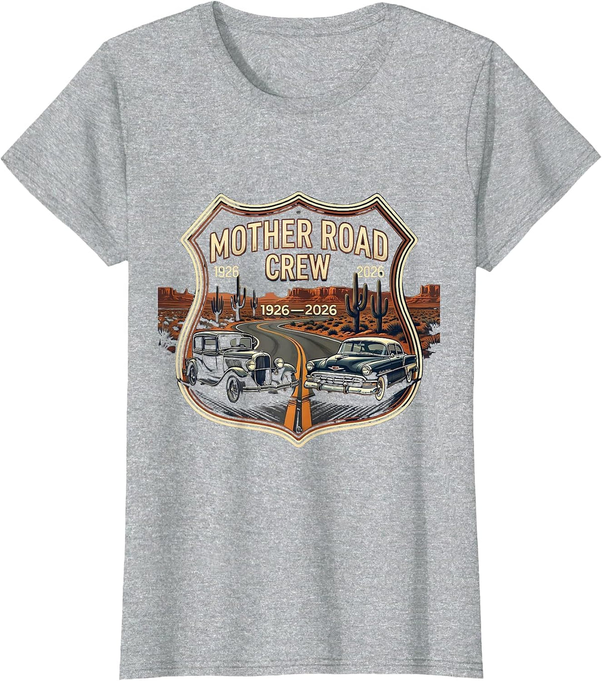 Mother Road Crew 1926-2026 Vintage Route 66 Centennial T-Shirt - Heather Grey