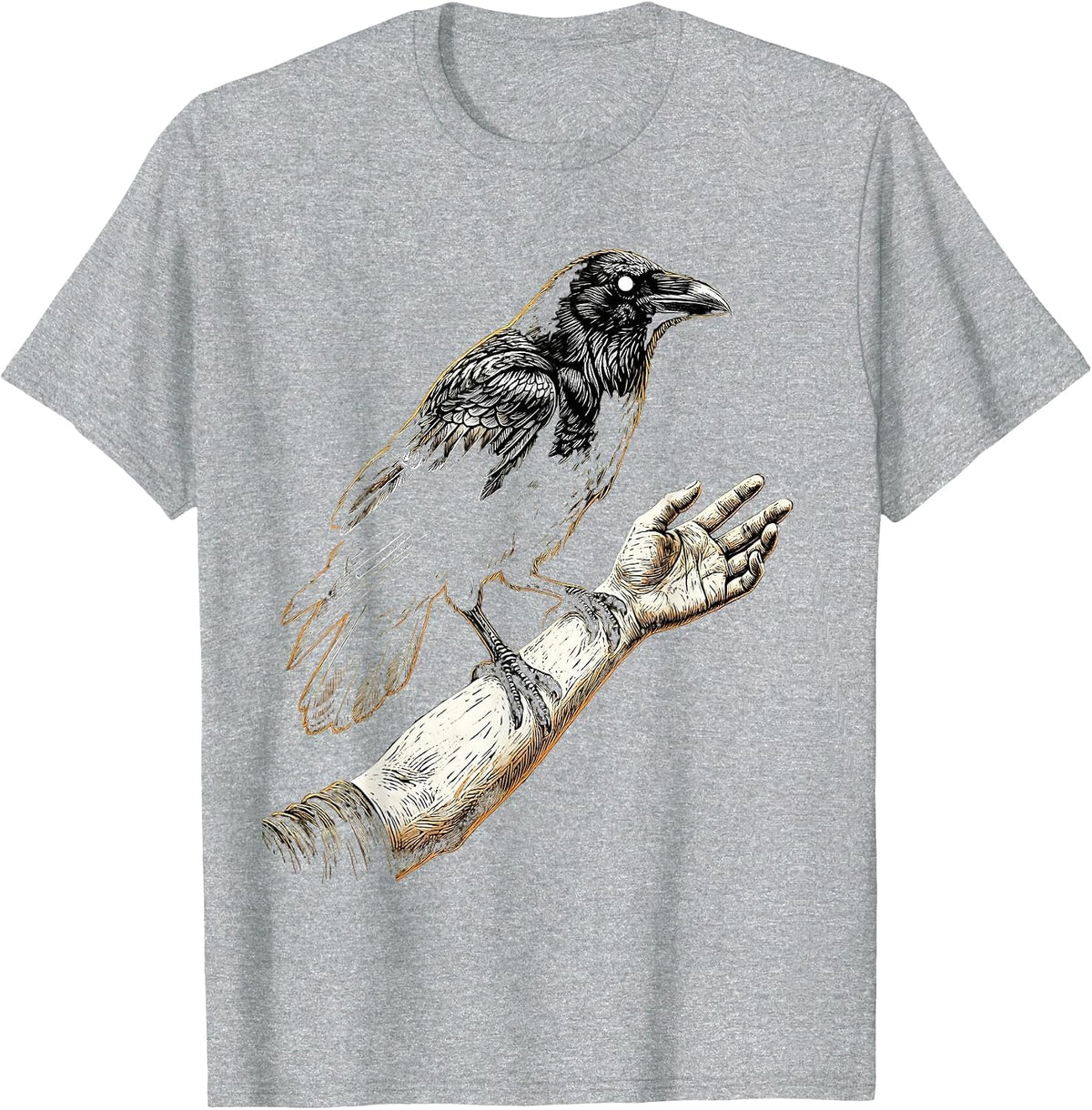 Men's Crow Perched on Outstretched Hand Illustration T-Shirt - Heather Grey