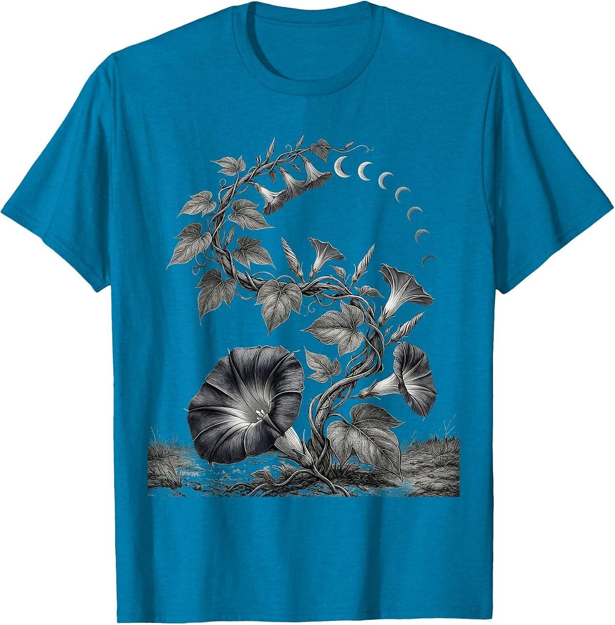Climbing Vine Crescent Moon Boho Floral Mystical T-Shirt - Sapphire Blue