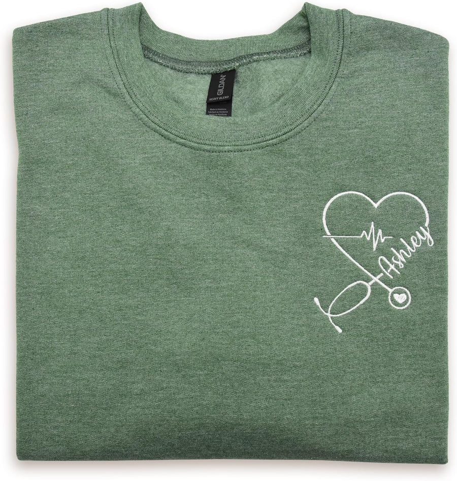 Embroidered Nurse Sweatshirt Custom Name Stethoscope Hoodie Nurse Life Long Sleeve RN LN Nurse Graduation Gift - As Pictured