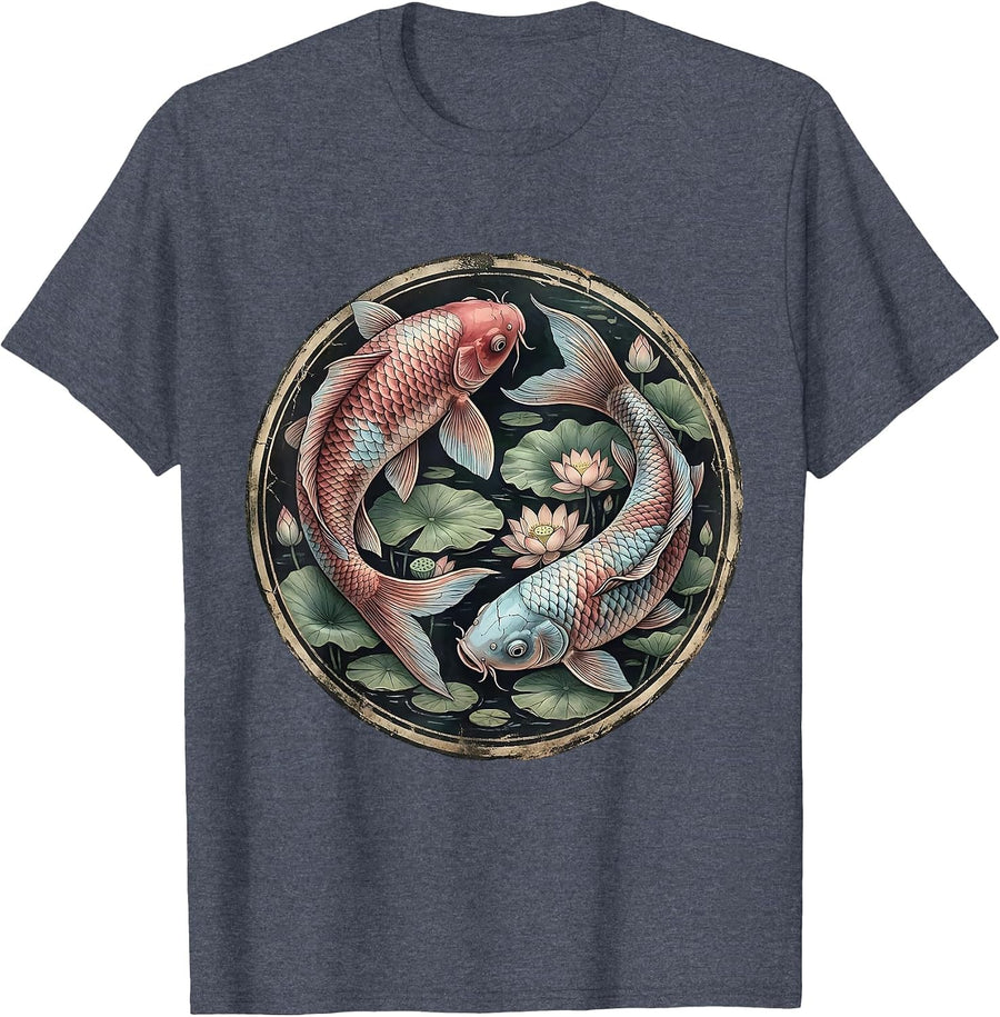 Red White and Blue Koi Fish Pond Illustration T-Shirt - Heather Blue
