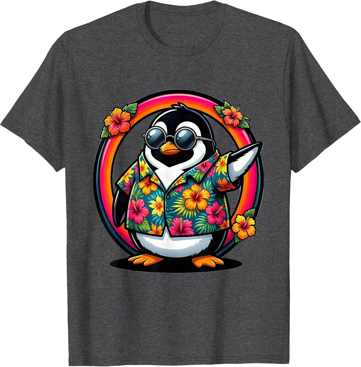 Penguin in Hawaiian Shirt and Sunglasses T-Shirt - Dark Heather Grey