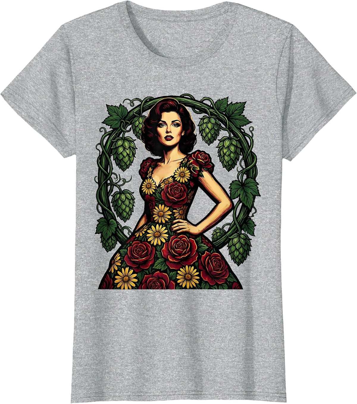 Women's Floral Hops Vine Beer Lover Illustration T-Shirt - Heather Grey