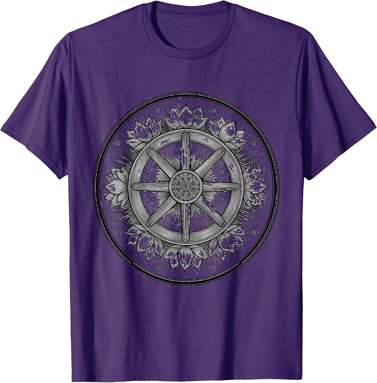 Karma Wheel Celestial Rays Spiritual Design T-Shirt - Purple