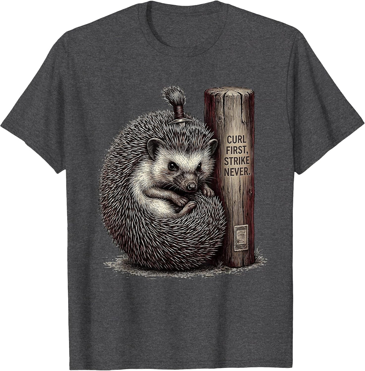 Men's Curl First, Strike Never Crosshatch Etching Anime Samurai T-Shirt - Dark Heather Grey