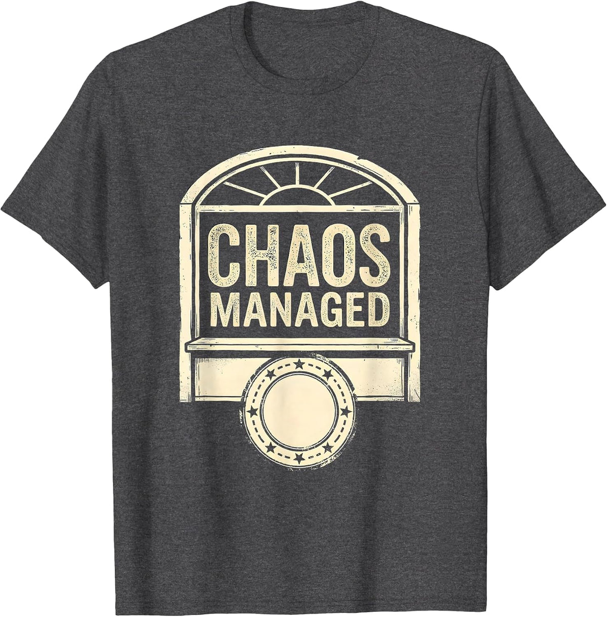 CHAOS MANAGED Rubber Stamp Circus Crew Carnival Staff T-Shirt - Dark Heather Grey