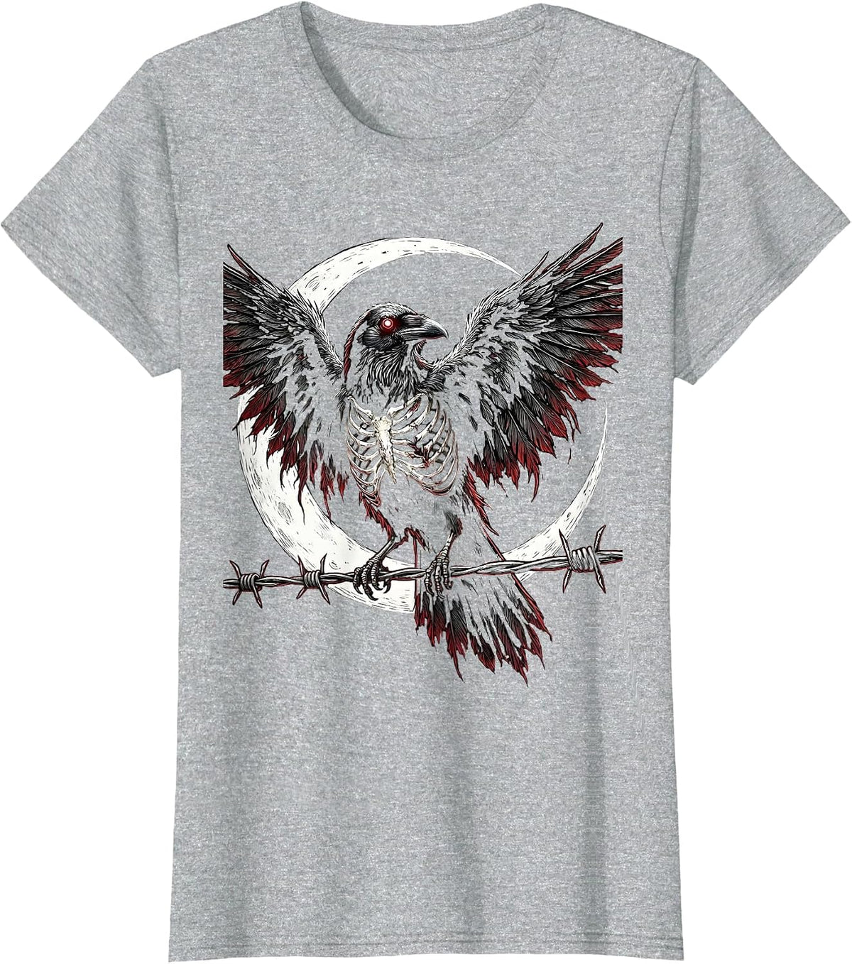 Women's Crow on Barbed Wire Fence Illustration T-Shirt - Heather Grey