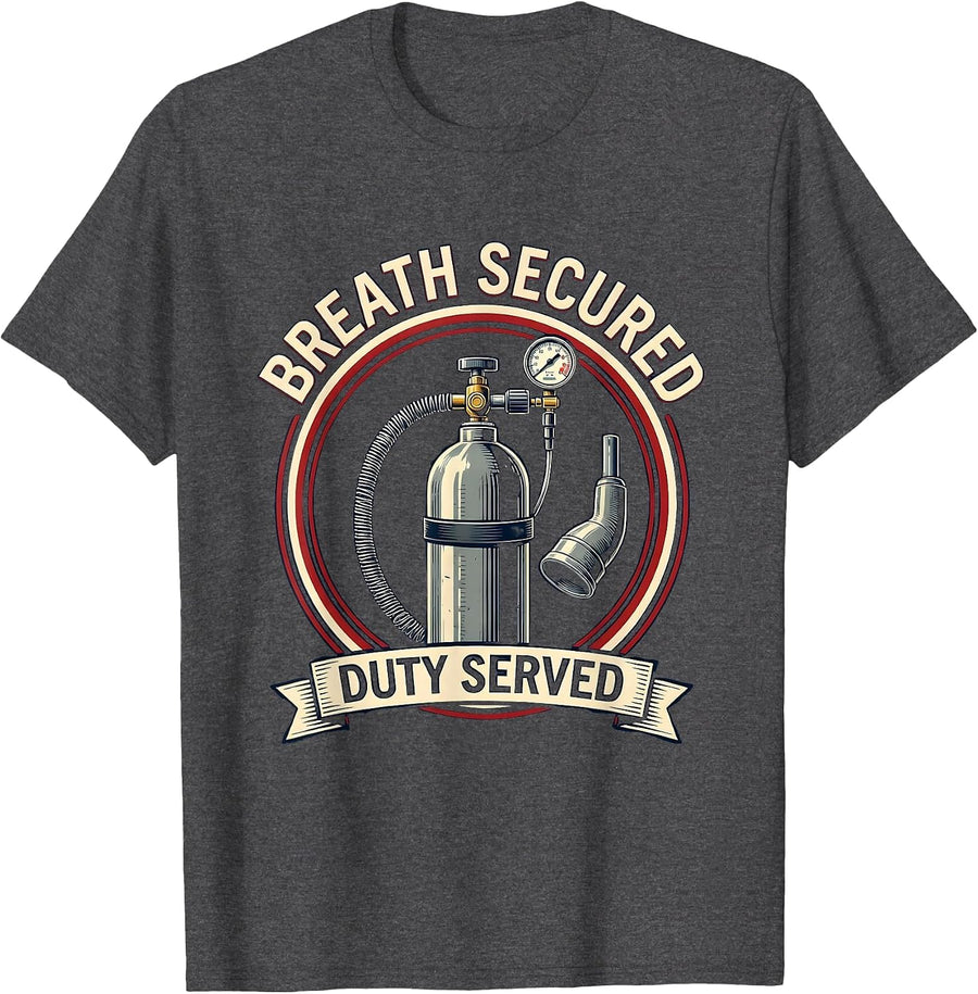 Men's Breath Secured Duty Served Respiratory Therapist RT Care T-Shirt - Dark Heather Grey