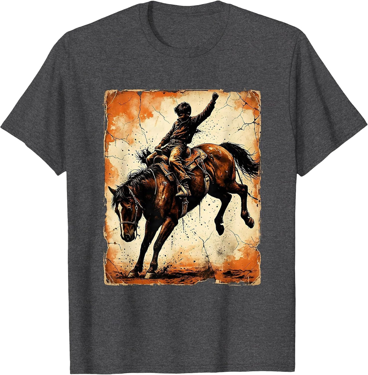 Western Boy Riding Bucking Bronco Illustration T-Shirt - Dark Heather Grey