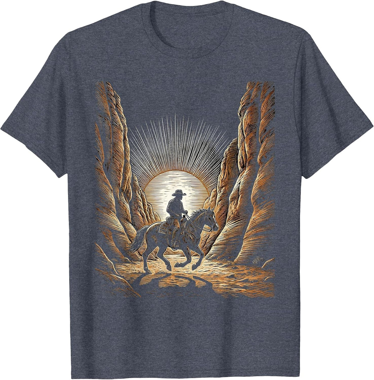 Cowboy Riding Horse Through Canyon at Dusk T-Shirt - Heather Blue