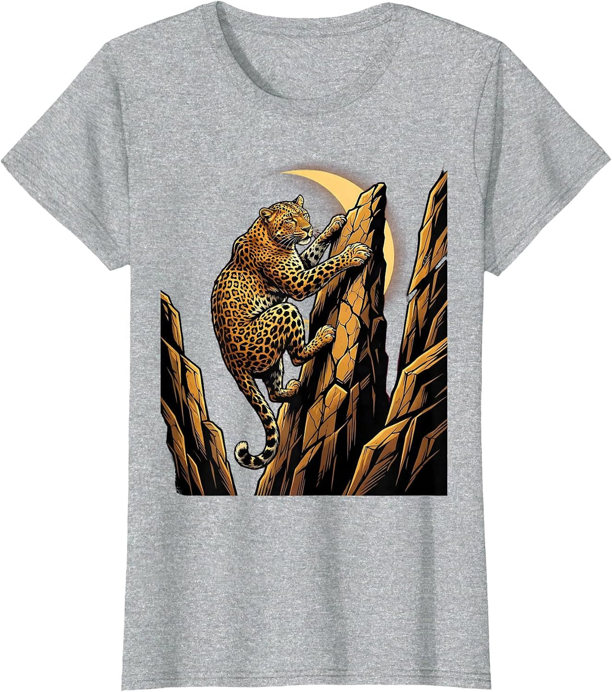 Leopard Climbing Cliff Face at Dusk Illustration T-Shirt - Heather Grey