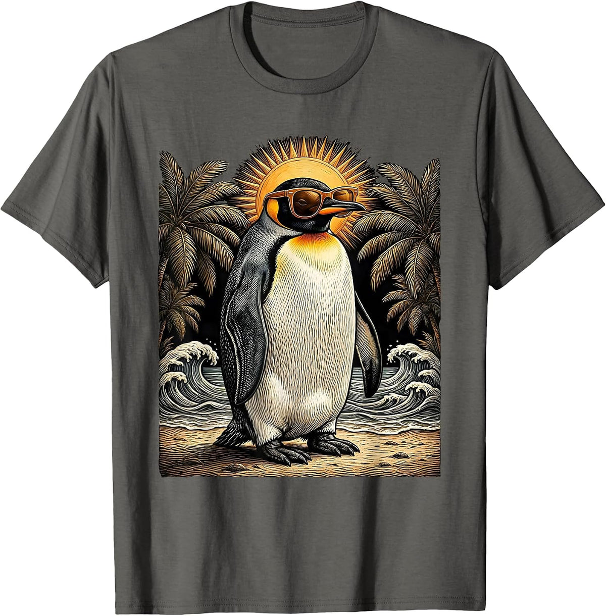 Cool Penguin Tropical Beach Sunglasses Design T-Shirt - Asphalt Grey