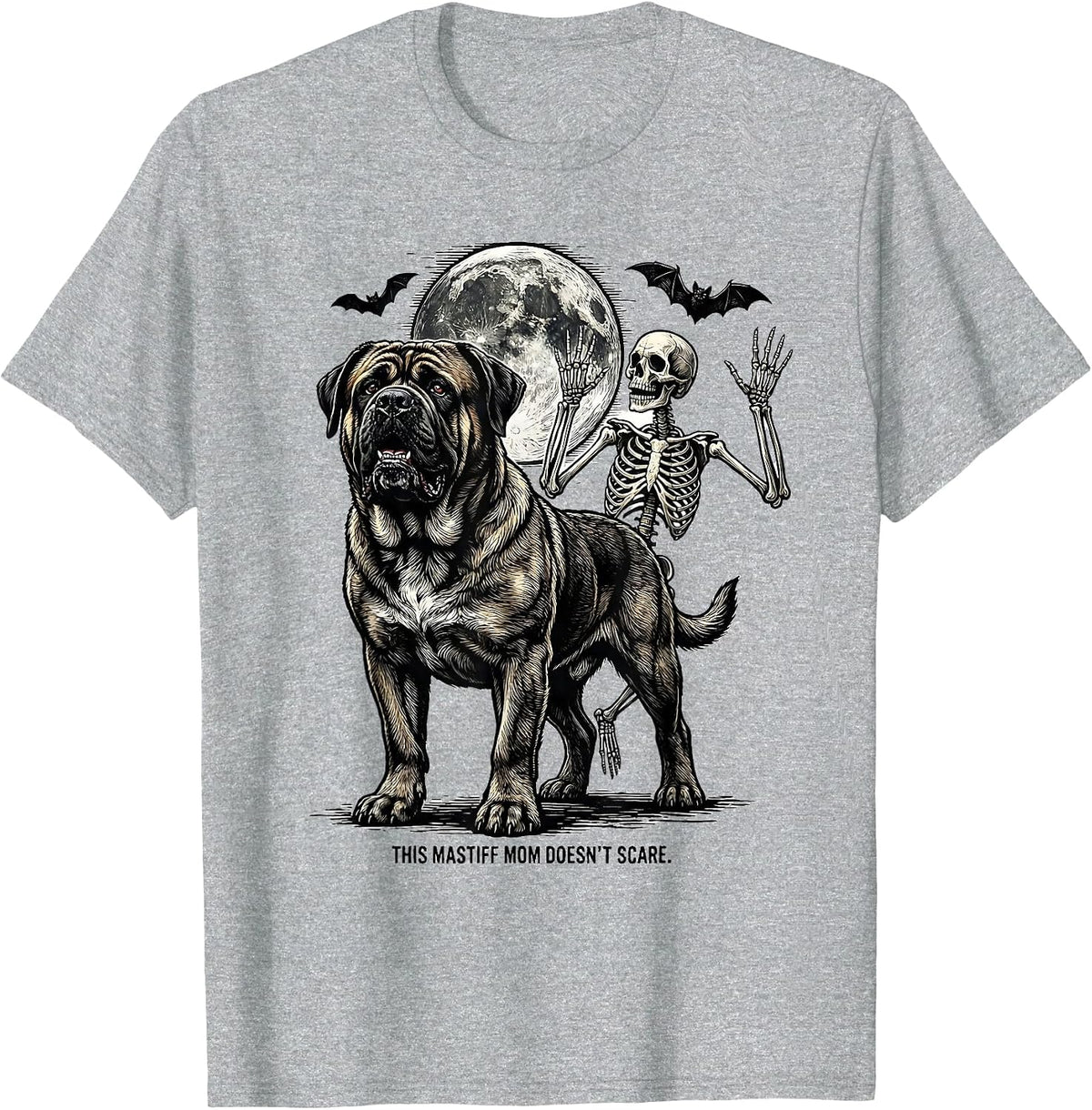 Men's This Mastiff Mom Doesn't Scare Funny Skeleton Chasing Dog T-Shirt - Heather Grey