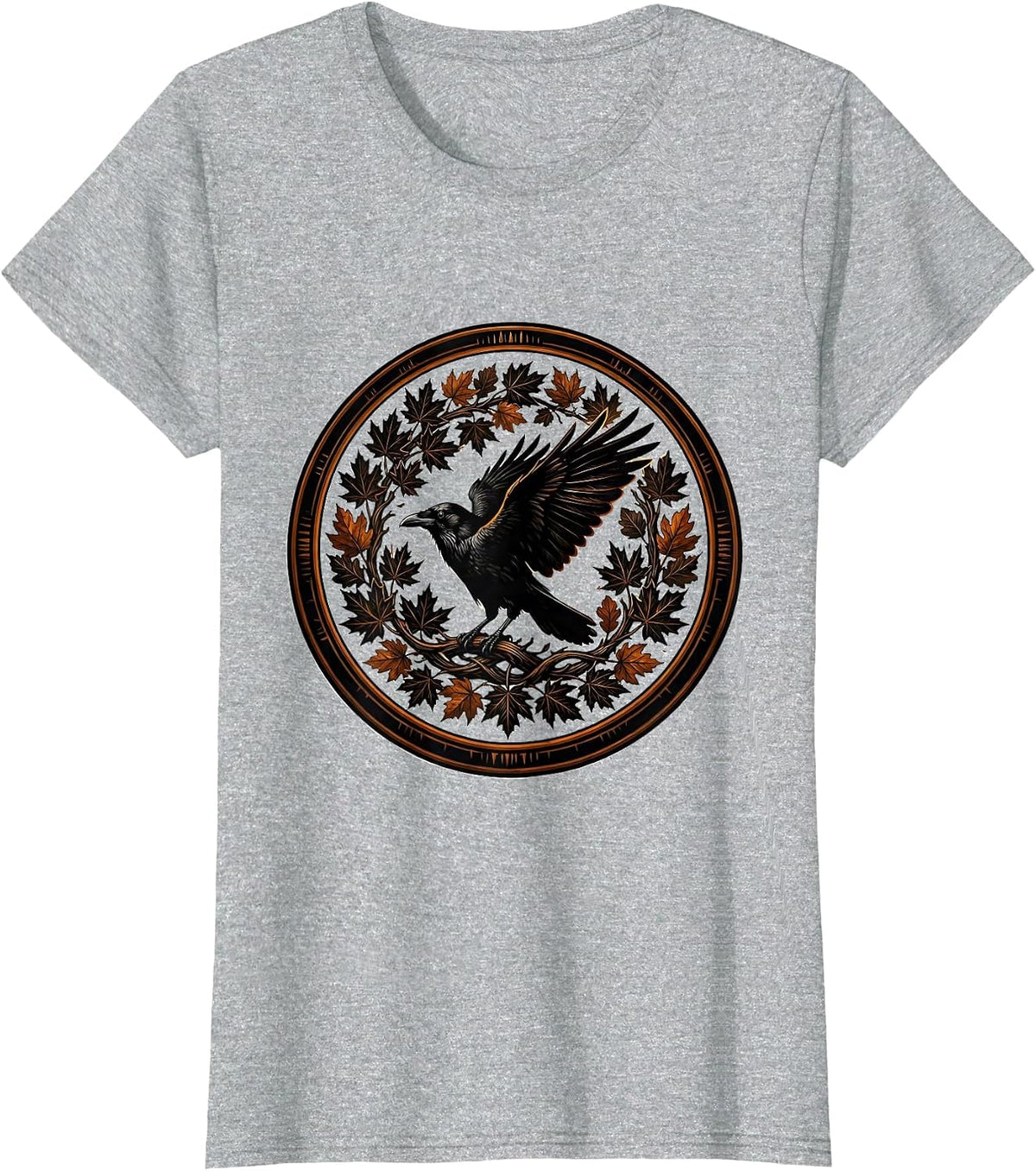 Crow and Swirling Autumn Leaves Illustration T-Shirt - Heather Grey