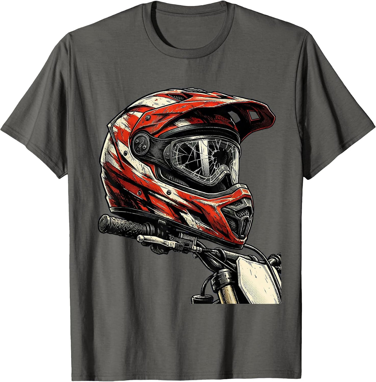 Men's Worn Motocross Helmet on Handlebars Dirt Bike T-Shirt - Asphalt Grey