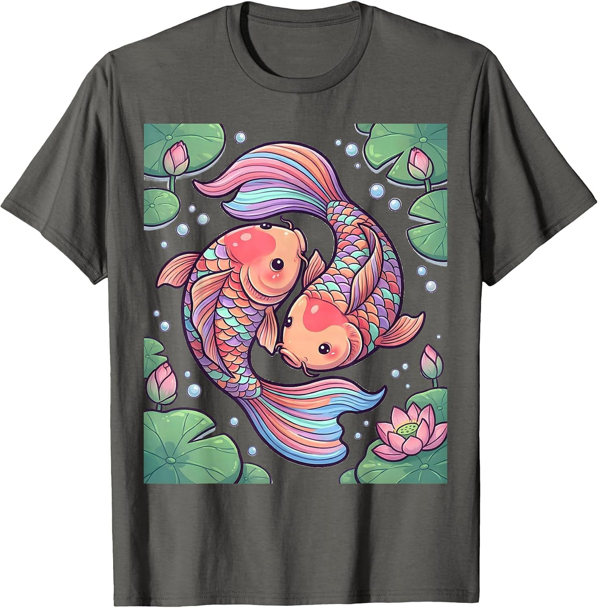 Men's Rainbow Koi Fish Pond Illustration T-Shirt - Asphalt Grey