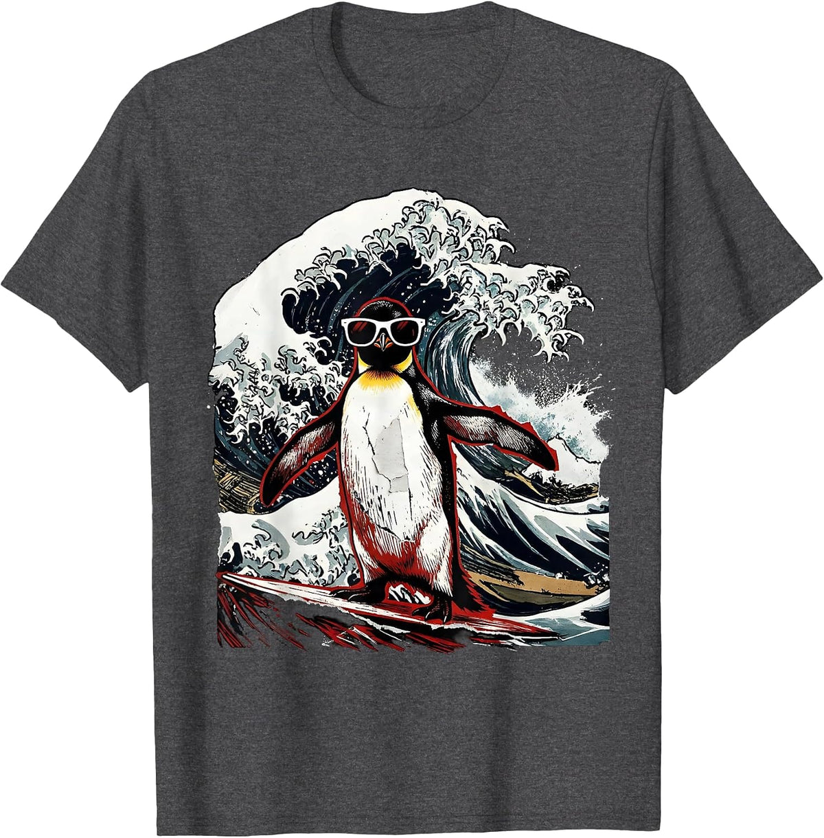 Men's Cool Penguin Surfer Riding Giant Wave Graphic T-Shirt - Dark Heather Grey